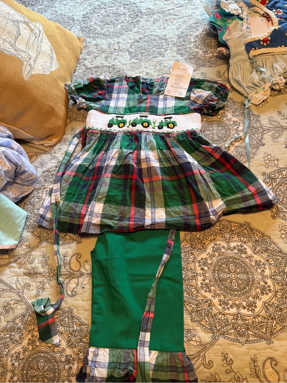 Girls Green Plaid Smocked Tractor Matching Set